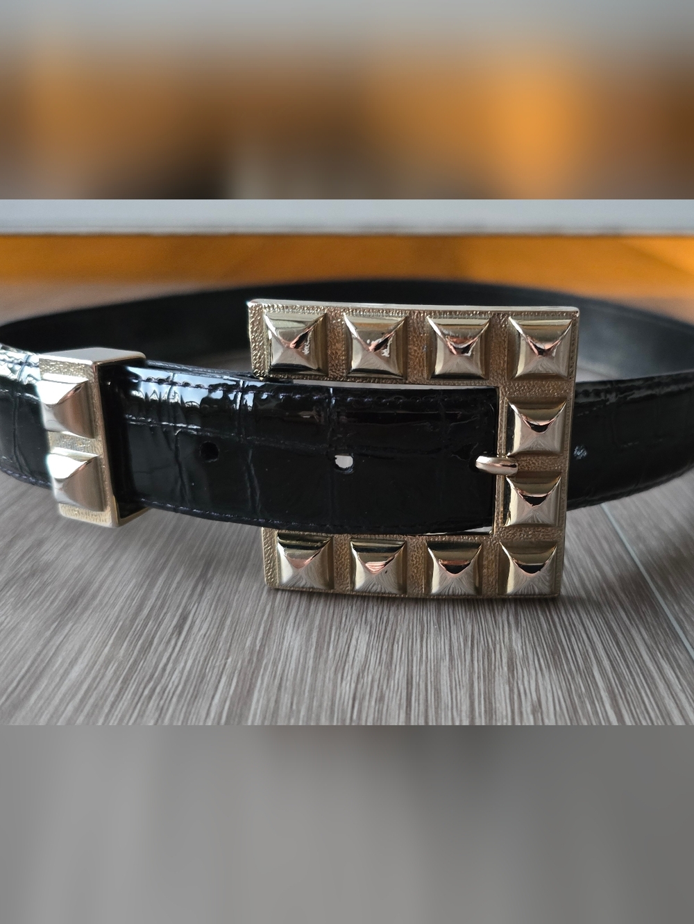 Vintage Sandy Duftler Black Patent Croc Belt Pyramid Stud Buckle XS USA